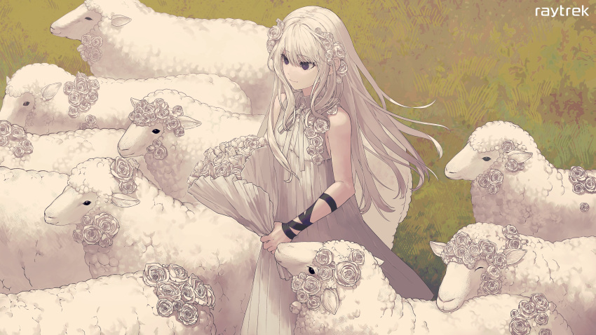 1girl absurdres bangs black_eyes bouquet cowboy_shot dress flock flower hair_flower hair_ornament highres holding holding_bouquet original rairyuu rose sheep sleeveless sleeveless_dress smile solo white_dress white_flower white_rose