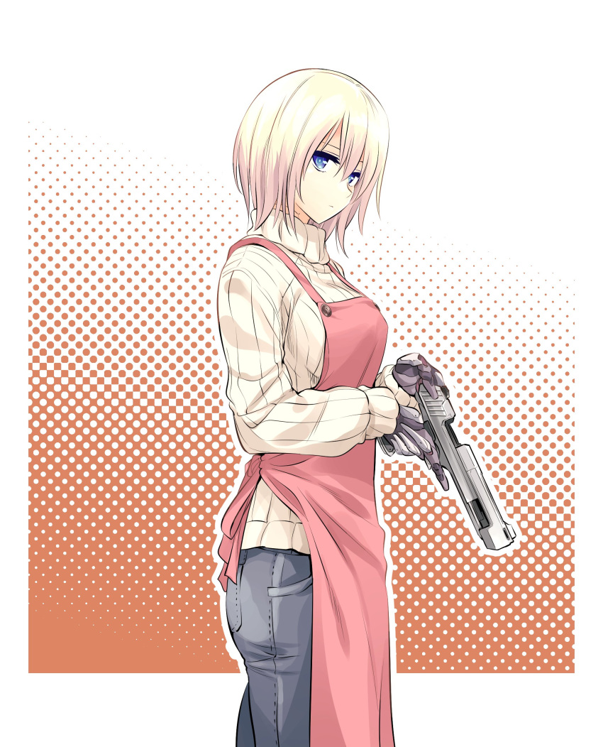 1girl absurdres android apron blonde_hair blue_eyes expressionless gun hair_between_eyes handgun highres holding holding_gun holding_weapon housewife ishiyumi joints long_sleeves mechanical_arms mechanical_buddy_universe mechanical_legs pistol polka_dot polka_dot_background robot_joints science_fiction short_hair solo sweater trigger_discipline turtleneck turtleneck_sweater weapon