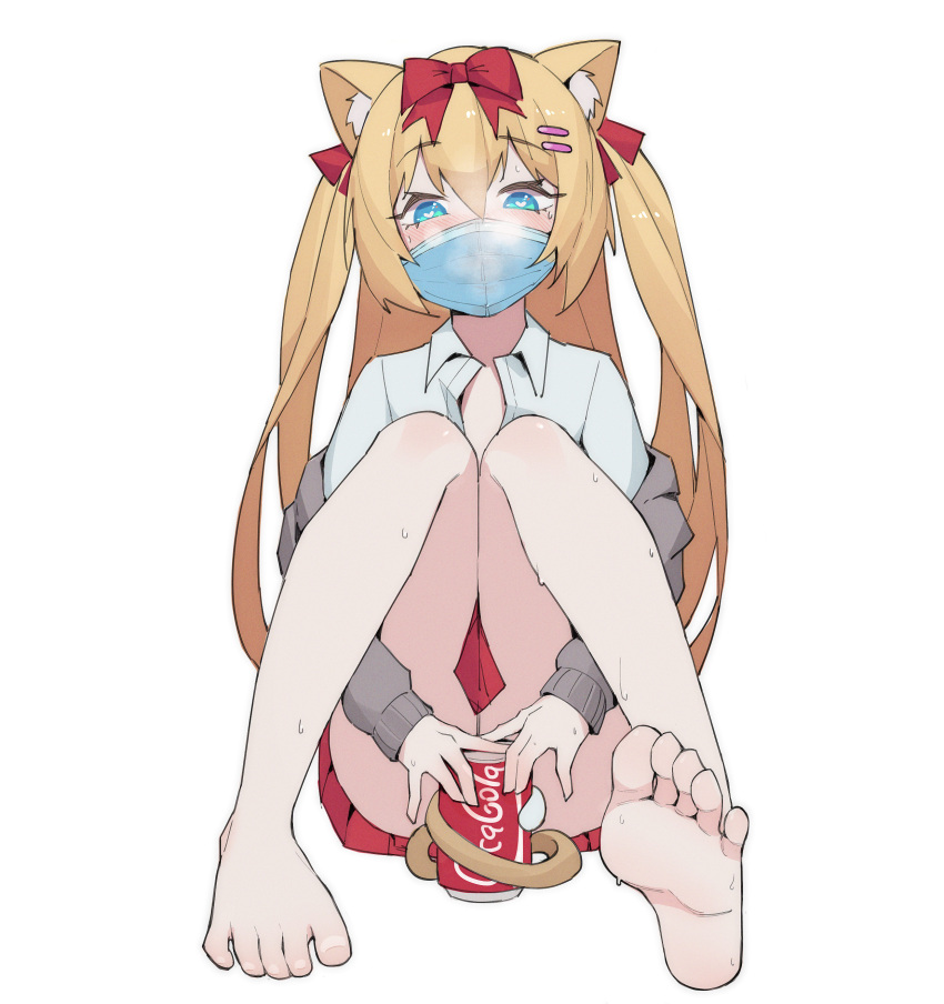 1girl absurdres animal_ears bare_legs barefoot blonde_hair blue_eyes blush bow breath cat_ears cat_tail coca-cola full_body grey_jacket hair_bow hair_ornament hairclip heart heart-shaped_pupils highres jacket lan_mao_akko long_hair looking_at_viewer mask mouth_mask off_shoulder original red_bow shirt simple_background soles solo surgical_mask sweat symbol-shaped_pupils tail toenails toes two_side_up white_background white_shirt