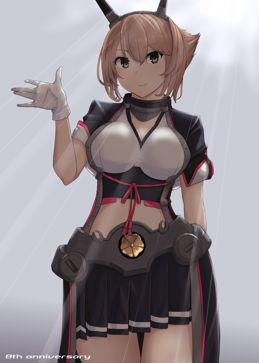 1girl absurdres black_coat black_skirt breasts brown_hair coat flipped_hair gloves green_eyes hairband headgear highres jousanrou kantai_collection large_breasts midriff miniskirt mutsu_(kancolle) pleated_skirt radio_antenna remodel_(kantai_collection) short_hair skirt sleeveless_coat solo white_gloves