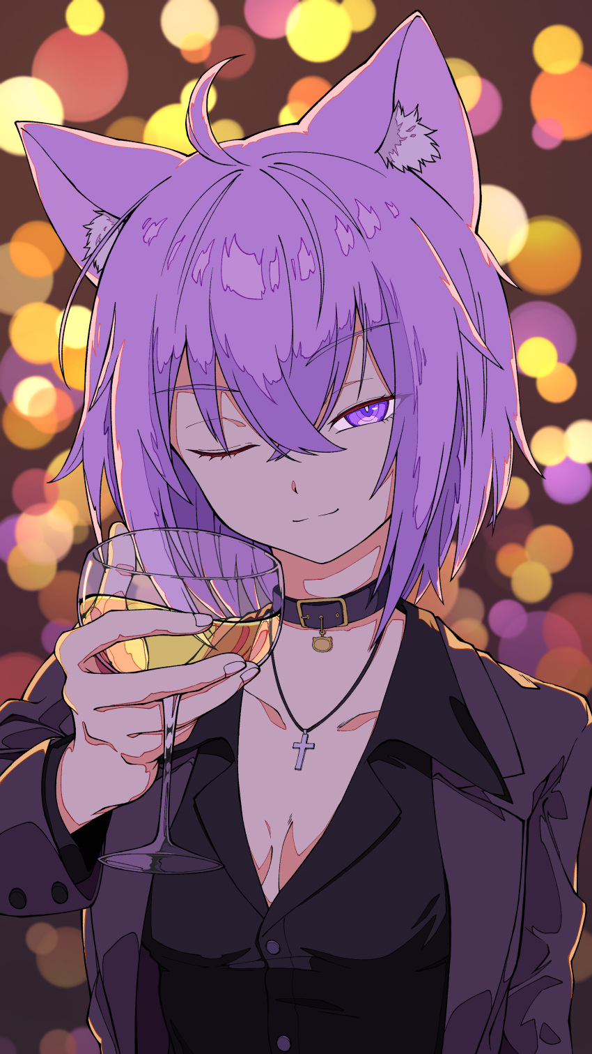 absurdres ahoge animal_ears cat_ears cross cross_necklace cup drinking_glass edwarddeputra42 formal highres hololive jewelry necklace nekomata_okayu one_eye_closed purple_hair smile suit violet_eyes virtual_youtuber wine_glass