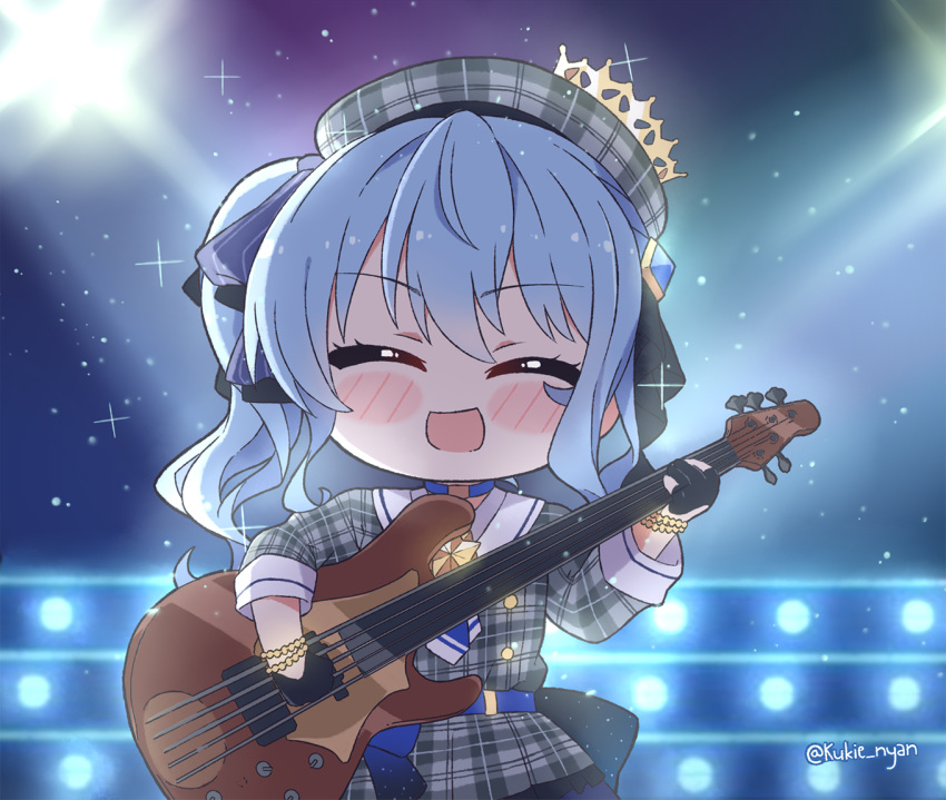 1girl :d ^_^ bass_guitar beret blue_hair blurry blush_stickers bokeh chibi closed_eyes commentary crown depth_of_field dress english_commentary grey_dress hair_ribbon hat holding holding_instrument hololive hoshimachi_suisei instrument kukie-nyan music open_mouth plaid plaid_dress playing_instrument ribbon short_dress short_hair side_ponytail smile solo sparkle stage twitter_username virtual_youtuber