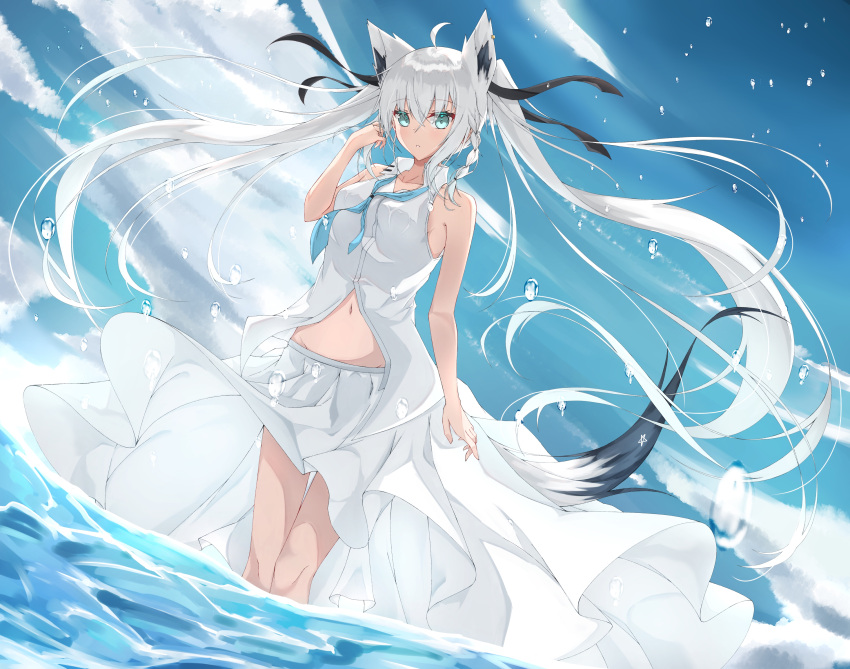 1girl animal_ears arm_up bangs bare_arms black_ribbon blue_neckwear blush braid breasts clouds cloudy_sky commentary_request day dutch_angle earrings eyebrows_visible_through_hair floating_hair fox_ears fox_girl fox_tail frown green_eyes hair_between_eyes hair_ribbon highres hololive jewelry long_hair long_skirt looking_at_viewer midriff navel neckerchief ocean pentagram ribbon shirakami_fubuki shirt sidelocks single_braid skirt skirt_lift sky sleeveless sleeveless_shirt small_breasts solo sumishi_(sumisi_3) tail twintails very_long_hair virtual_youtuber wading white_hair white_shirt white_skirt