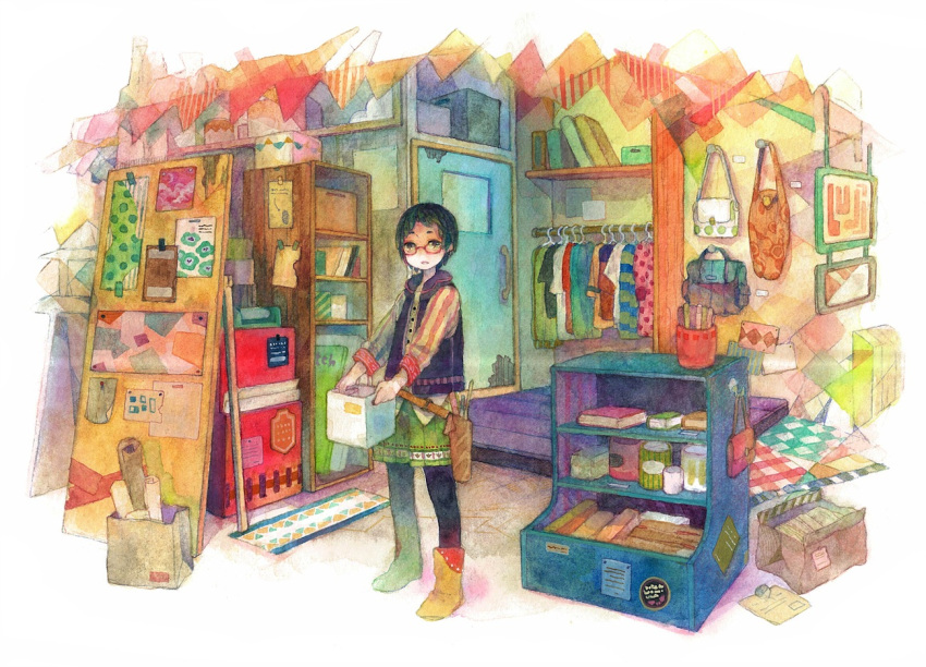 1girl bag black_hair black_pants black_vest brown_footwear clothes_hanger door green_skirt long_sleeves original pants red-framed_eyewear runta shadow shelf shop short_hair skirt solo standing traditional_media vest watercolor_(medium) wide_shot