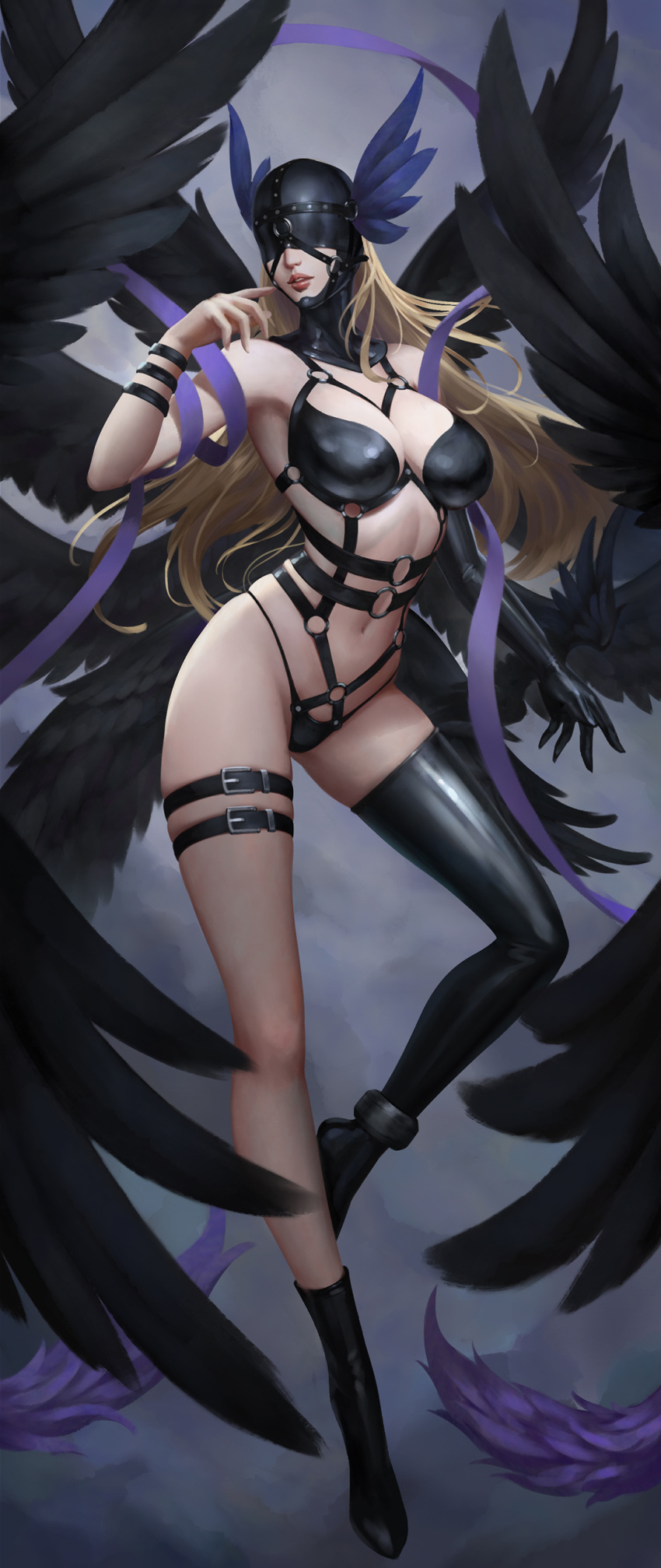 1girl absurdres angel angel_wings angewomon bdsm black_wings blonde_hair bondage bondage_outfit bound breasts commentary dark_persona digimon digimon_(creature) elbow_gloves english_commentary feathered_wings full_body gimp_mask gloves hagoromo harness highres large_breasts latex long_hair multiple_wings navel revealing_clothes sade_abyss seraph shawl shiny shiny_clothes single_elbow_glove single_thighhigh skindentation solo thigh-highs winged_hair_ornament wings