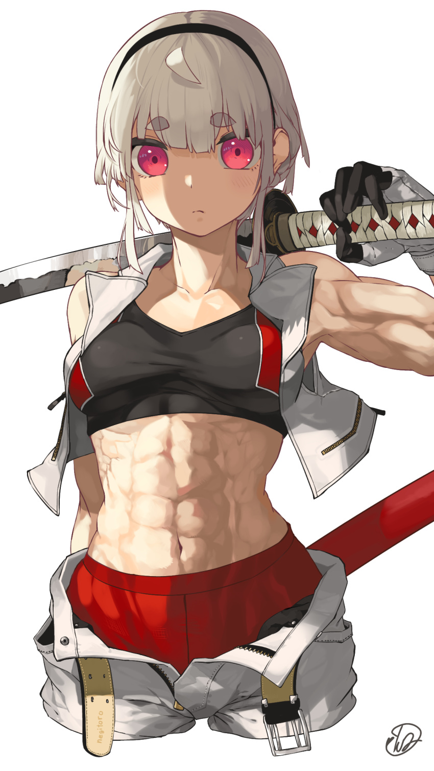 abs belt gloves grey_hair highres looking_at_viewer muscular muscular_female open_fly original over_shoulder pants red_eyes short_hair sleeveless sports_bra sword sword_over_shoulder thick_eyebrows underwear weapon weapon_over_shoulder white_hair white_pants yuyu_ekaki_dayo