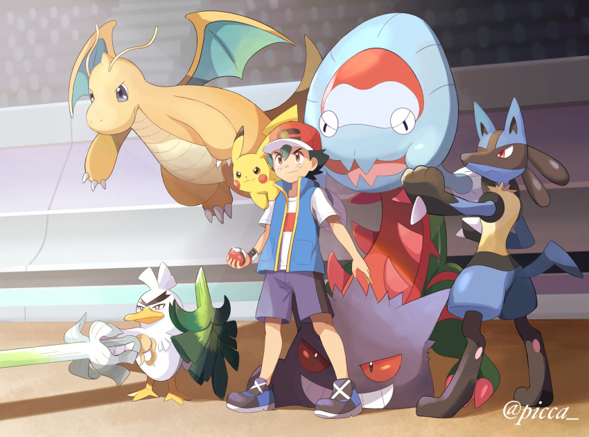 1boy ash_ketchum bangs baseball_cap black_hair blue_jacket brown_eyes closed_mouth dracovish dragonite gen_1_pokemon gen_4_pokemon gen_8_pokemon gengar hat highres holding holding_poke_ball jacket lucario male_focus mei_(maysroom) on_shoulder open_clothes open_jacket pikachu poke_ball poke_ball_(basic) pokemon pokemon_(anime) pokemon_(creature) pokemon_on_shoulder pokemon_swsh_(anime) shirt shoes short_sleeves shorts signature sirfetch'd sleeveless sleeveless_jacket smile stadium standing t-shirt white_shirt