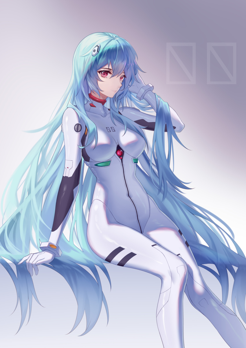 1girl absurdres alternate_hair_length alternate_hairstyle ayanami_rei blue_hair breasts closed_mouth evangelion:_3.0+1.0_thrice_upon_a_time gradient gradient_background grey_background hair_between_eyes highres kirby_d_a long_hair looking_at_viewer medium_breasts neon_genesis_evangelion plugsuit rebuild_of_evangelion red_eyes sitting solo very_long_hair