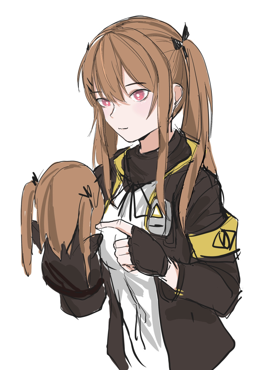 1girl absurdres bangs black_bow black_gloves black_jacket black_scarf bow breasts brown_hair closed_mouth doll eyebrows_visible_through_hair fingerless_gloves fish_dumplings girls_frontline gloves hair_bow highres holding holding_doll jacket long_hair looking_at_viewer open_clothes open_jacket scarf shirt solo twintails ump9_(girls_frontline) violet_eyes walkie-talkie white_background white_shirt
