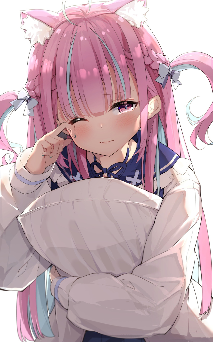 1girl absurdres ahoge animal_ear_fluff animal_ears backlighting bangs blue_bow blue_hair blue_nails blue_sailor_collar blue_skirt blush bow braid cat_ears closed_mouth darjeeling_(reley) eyebrows_visible_through_hair frilled_sailor_collar frills hair_bow half-closed_eye hand_up highres hololive jacket long_hair long_sleeves minato_aqua multicolored_hair nail_polish one_eye_closed open_clothes open_jacket pillow pillow_hug pink_hair pleated_skirt rubbing_eyes sailor_collar school_uniform serafuku simple_background skirt sleeves_past_wrists solo two-tone_hair very_long_hair violet_eyes virtual_youtuber white_background white_jacket