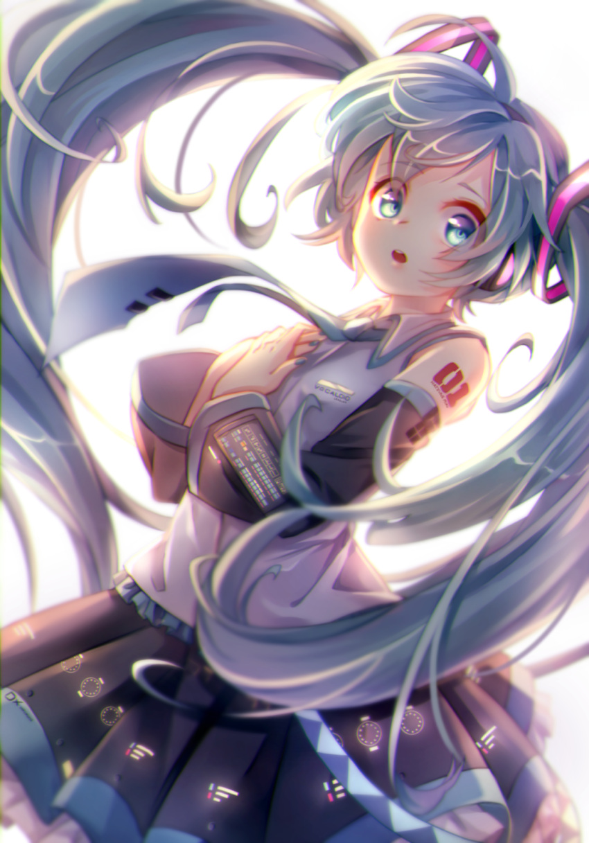 1girl :o aqua_eyes aqua_hair aqua_neckwear backlighting bare_shoulders belt black_skirt black_sleeves bloom commentary cowboy_shot detached_sleeves grey_shirt hair_ornament hand_on_own_chest hands_together hatsune_miku hayayon headphones highres long_hair looking_at_viewer miniskirt necktie open_mouth pleated_skirt shirt shoulder_tattoo skirt sleeveless sleeveless_shirt solo tattoo twintails very_long_hair vocaloid white_background