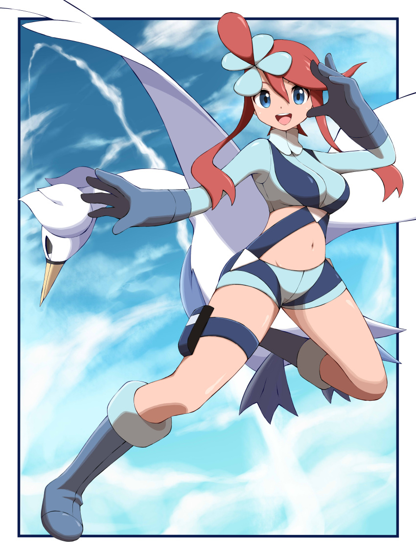 1girl :d absurdres bangs blue_eyes blue_footwear blue_gloves blue_jacket blue_shorts boots border breasts commentary cropped_jacket full_body gen_5_pokemon gloves gym_leader hair_between_eyes hair_ornament hand_up highres jacket looking_at_viewer midriff navel one_side_up open_mouth outside_border outstretched_arm pokemon pokemon_(creature) pokemon_(game) pokemon_bw redhead shabana_may shiny shiny_skin short_hair_with_long_locks short_shorts shorts sidelocks skyla_(pokemon) smile spread_legs swanna thigh_pouch tied_hair tongue turtleneck upper_teeth white_border