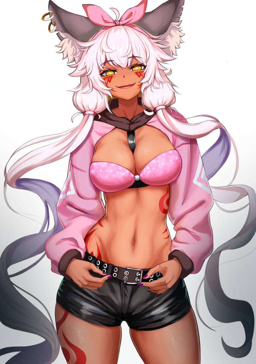 absurdres animal_ears b-pang bangs breasts cover crossed_bangs dark_skin eyebrows_visible_through_hair guardian_tales highres ice_witch_lupina long_hair looking_at_viewer magazine_cover medium_breasts miniskirt open_mouth pink_hair skirt smile twintails wolf_ears wolf_girl yellow_eyes