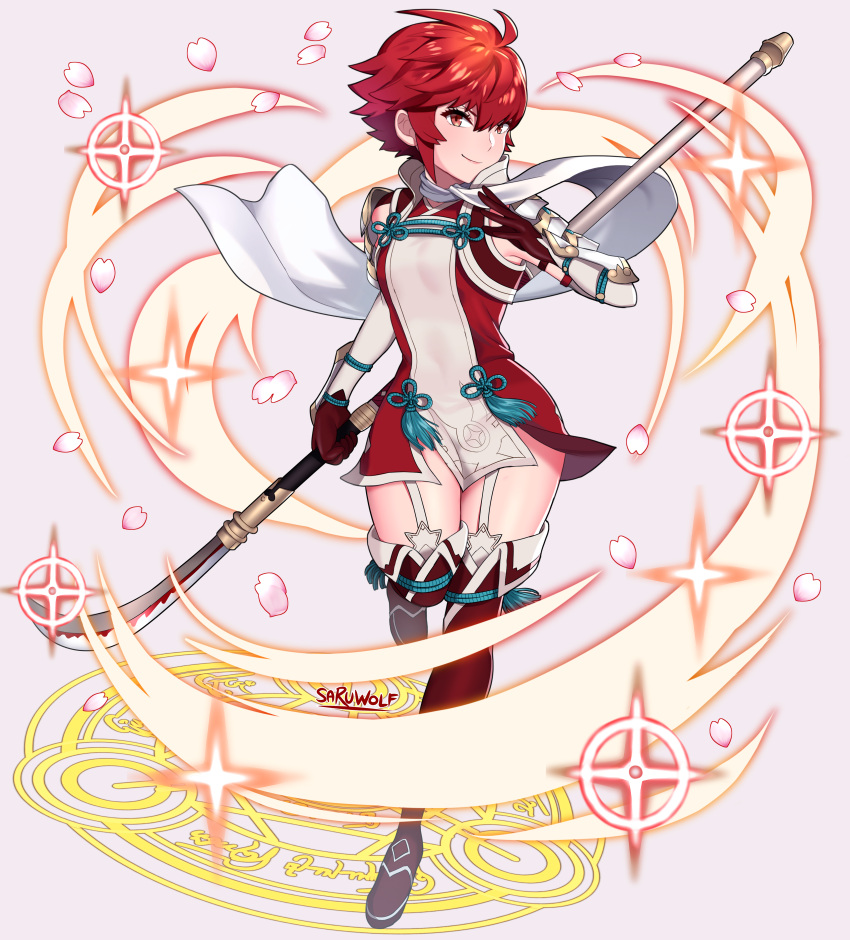 1girl absurdres artist_name bare_shoulders boots dress fire_emblem fire_emblem_fates gloves highres hinoka_(fire_emblem) holding_naginata looking_at_viewer naginata pegasus_knight petals polearm red_eyes red_legwear redhead sarukaiwolf short_dress short_hair silver_background simple_background sleeveless sleeveless_dress smile solo star_(symbol) thigh-highs thigh_boots weapon zettai_ryouiki