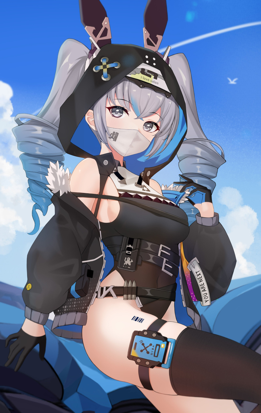 absurdres animal_ears armpits bare_shoulders belt black_jacket breasts bronya_zaychik_(haxxor_bunny) drill_hair eyebrows_visible_through_hair fake_animal_ears gloves grey_eyes hair_between_eyes hand_up highres honkai_(series) honkai_impact_3rd hood jacket leg_up legs long_hair long_sleeves looking_at_viewer mask medium_breasts multicolored_hair navel off_shoulder open_clothes open_jacket rabbit_ears single_thighhigh sitting sky takeawatch thigh-highs thigh_strap thighs tight