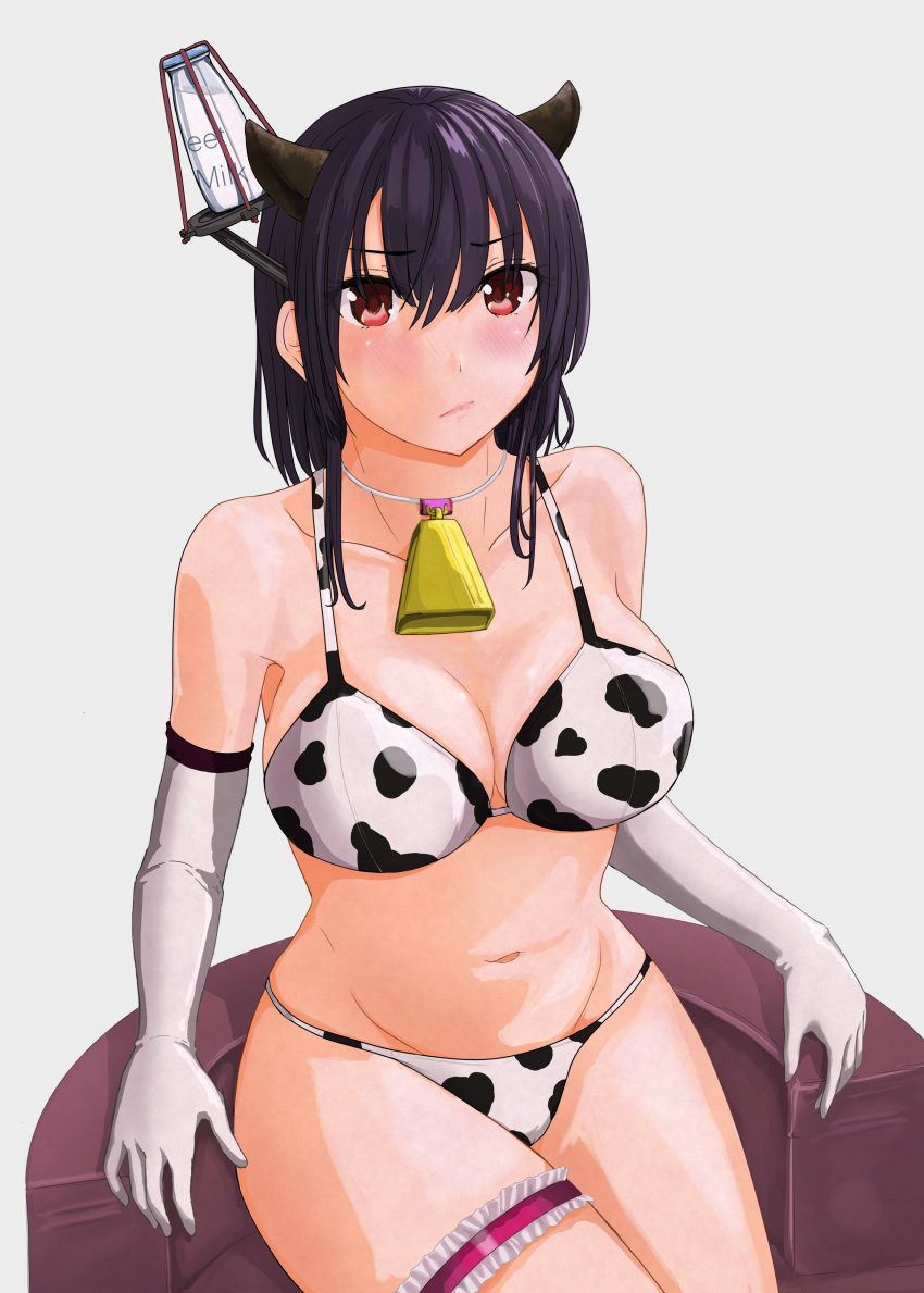 1girl absurdres alternate_costume animal_print bell bikini black_hair breasts collarbone cow_print cowbell elbow_gloves gloves headgear highres jousanrou kantai_collection large_breasts leg_garter navel print_bikini red_eyes short_hair solo swimsuit white_bikini white_gloves yamashiro_(kancolle)