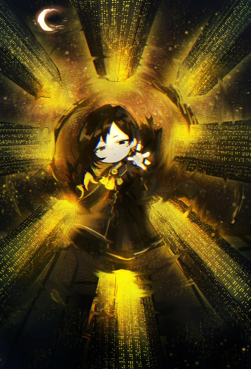 1girl ascot binah_(lobotomy_corporation) black_dress black_eyes black_hair brooch chibi chromatic_aberration closed_mouth crescent_moon dress highres jewelry library_of_ruina mole mole_under_eye moon outstretched_arm pillar solo spicy_punch yellow_brooch yellow_neckwear