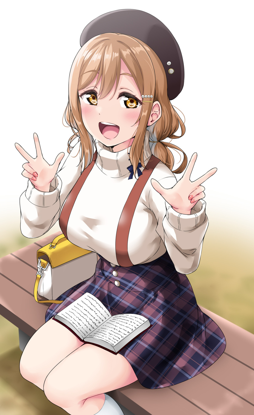 1girl :d absurdres bag bangs bench beret black_bow black_headwear blush bow breasts brown_hair double_w eyebrows_visible_through_hair gradient gradient_background hair_between_eyes hair_ornament hairclip handbag hat highres kunikida_hanamaru large_breasts long_sleeves looking_at_viewer love_live! love_live!_sunshine!! multicolored multicolored_clothes multicolored_skirt nail_polish on_bench open_mouth plaid plaid_skirt sidelocks sitting sitting_on_bench skirt smile socks solo suspender_skirt suspenders sweater turtleneck turtleneck_sweater twintails upper_body w white_legwear white_sweater yellow_eyes yopparai_oni