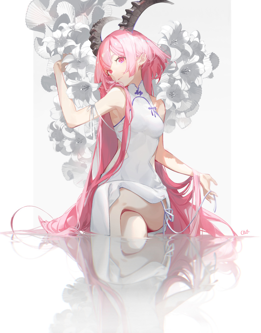 1girl absurdres artist_name bangs bare_shoulders breasts chi4 china_dress chinese_clothes closed_mouth crossed_legs demon_horns dress eyebrows flower highres horns lily_(flower) long_hair looking_at_viewer original pink_eyes pink_hair reflection signature sitting sleeveless small_breasts smile water_surface