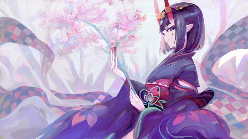 1girl bangs black_kimono bob_cut breasts eyeliner fate/grand_order fate_(series) floral_print headpiece highres horn_ornament horn_ring horns japanese_clothes kimono long_sleeves looking_at_viewer lostroom_outfit_(fate) makeup obi oni oni_horns purple_hair sash short_hair shuten_douji_(fate) skin-covered_horns small_breasts smile taitaip violet_eyes wide_sleeves