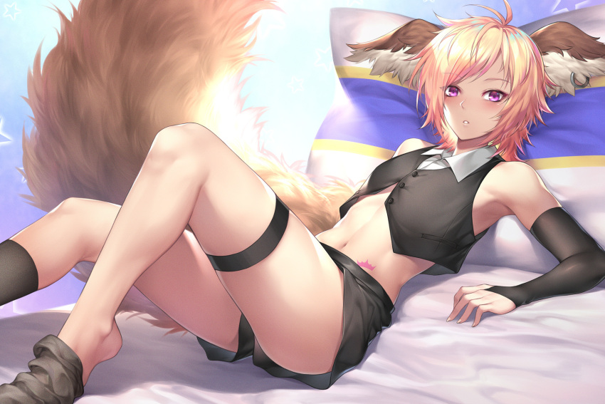 1boy ahoge animal_ears armpits bangs bare_shoulders bed black_shorts black_vest blonde_hair brown_legwear buttons commentary_request crop_top detached_sleeves ear_piercing eyebrows_visible_through_hair fingernails highres kneehighs leg_up legs light looking_at_viewer male_focus nasaniliu navel on_bed original parted_lips piercing pillow pink_eyes reclining shadow shirt shorts sleeveless sleeveless_shirt solo stomach stomach_tattoo swept_bangs tail tattoo thigh_strap vest white_shirt wing_collar