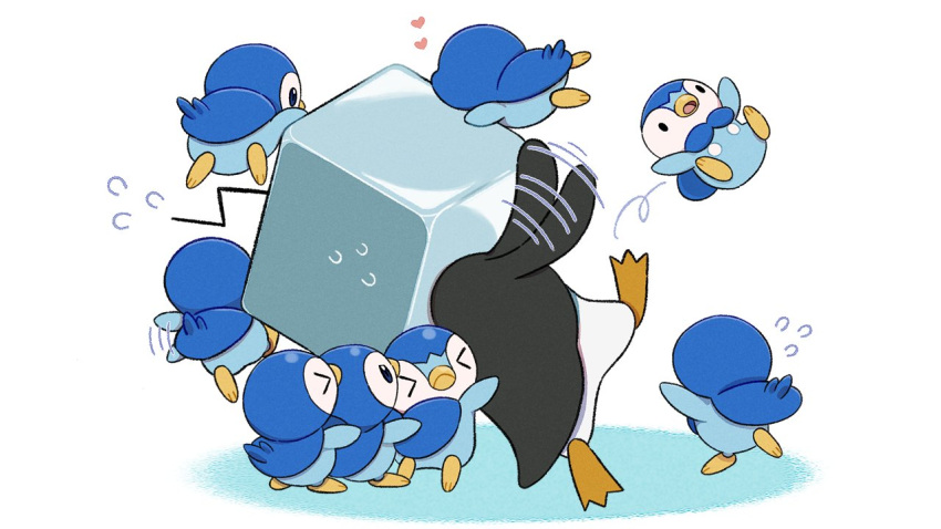 &gt;_&lt; bird closed_mouth commentary_request creature eiscue eiscue_(ice) falling flying_sweatdrops gen_4_pokemon gen_8_pokemon heart motion_lines no_humans official_art open_mouth penguin piplup pokemon pokemon_(creature) prj_pochama starter_pokemon tongue