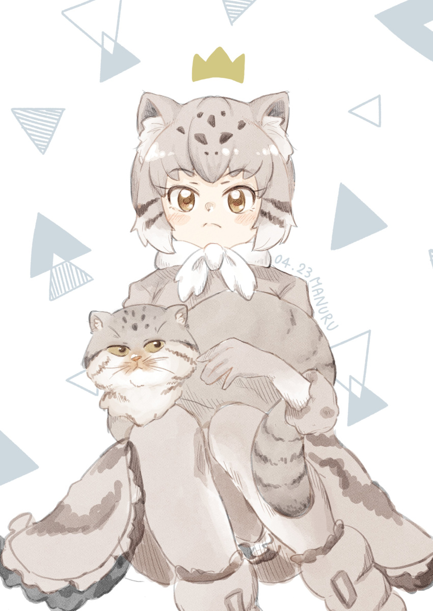 0nanaten 1girl absurdres animal_ears animal_print blush bow bowtie cat cat_ears cat_girl cat_print cat_tail commentary_request eyebrows_visible_through_hair frilled_skirt frills grey_hair grey_legwear grey_skirt grey_sweater highres kemono_friends multicolored_hair pallas's_cat pallas's_cat_(kemono_friends) pantyhose print_skirt print_sweater short_hair sitting skirt solo sweater tail white_hair white_neckwear yellow_eyes