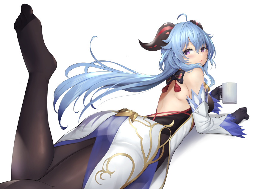1girl absurdres ahoge ass bare_back black_gloves black_legwear blue_hair bodysuit bodysuit_under_clothes cup detached_sleeves dress ganyu_(genshin_impact) genshin_impact gloves highres holding holding_cup horns long_hair looking_back lying mug no_shoes on_stomach shuangyijiu simple_background thighs very_long_hair violet_eyes white_background white_dress white_sleeves wide_sleeves