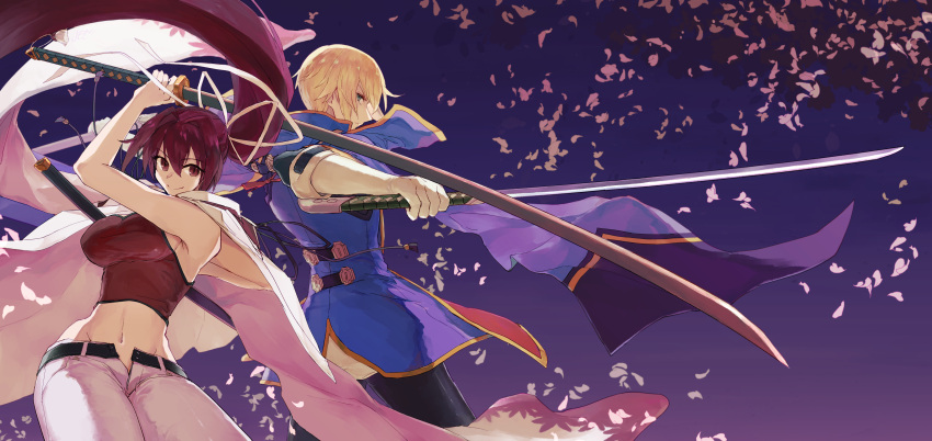 1boy 1girl absurdres aqua_eyes belt belt_buckle blazblue blazblue:_cross_tag_battle blonde_hair bodysuit breasts buckle cape capelet cherry_blossoms crossover gloves highres japanese_clothes jin_kisaragi katana kimono large_breasts long_coat long_hair midriff military military_uniform petals ponytail red_eyes redhead ribbon shoulders sword trait_connection under_night_in-birth uniform very_long_hair weapon yuzuriha_(under_night_in-birth)
