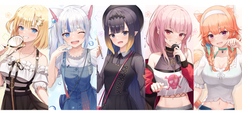 5girls :d ;d absurdres animal_ear_fluff animal_ears bag bangs bare_shoulders black_dress black_eyes black_ribbon black_skirt blonde_hair blue_dress blue_eyes blue_hair blue_nails blunt_bangs bra_strap braid breasts cat_ears cat_tail choker collarbone commentary crop_top crop_top_overhang dress eyebrows_visible_through_hair fang frilled_shirt frilled_sleeves frills gawr_gura gradient_hair green_choker grin hair_ornament hairband high-waist_skirt highres holding holding_magnifying_glass holding_microphone holding_paintbrush hololive hololive_english holomyth jacket jewelry key_necklace large_breasts long_hair long_sleeves looking_at_viewer magnifying_glass microphone midriff mole mole_under_eye monocle_hair_ornament mori_calliope multicolored_hair multiple_girls nail_polish necklace ninomae_ina'nis off-shoulder_shirt off_shoulder official_alternate_costume one_eye_closed open_clothes open_jacket open_mouth orange_hair paintbrush paw_pose pink_hair pointing pointing_at_viewer pointy_ears ponytail red_eyes red_jacket red_nails ribbon sharp_teeth shirt short_hair short_sleeves shoulder_bag shuvi_(shuvi1125) side_ponytail silver_hair skirt small_breasts smile streaked_hair striped striped_shirt tail takanashi_kiara teeth twin_braids two-tone_hair upper_body upper_teeth vertical-striped_shirt vertical_stripes violet_eyes virtual_youtuber watson_amelia white_hairband white_shirt yellow_nails zipper zipper_pull_tab zipper_skirt