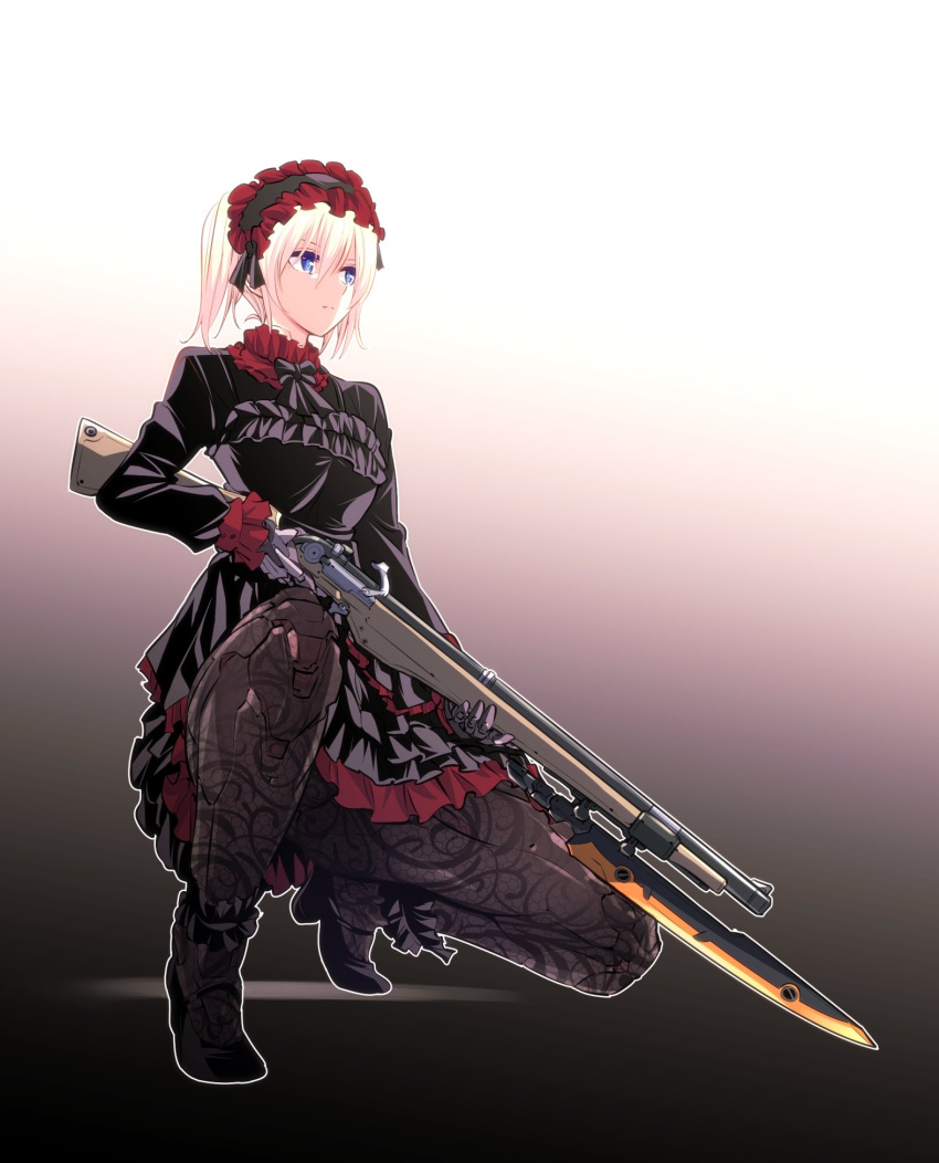 1girl android bayonet black_dress blonde_hair blue_eyes bolt_action dress expressionless frilled_dress frills gothic_lolita gradient gradient_background gun hair_between_eyes headdress high_heels highres holding holding_gun holding_weapon ishiyumi lolita_fashion long_sleeves looking_to_the_side mechanical_buddy_universe pantyhose rifle science_fiction solo squatting sword weapon