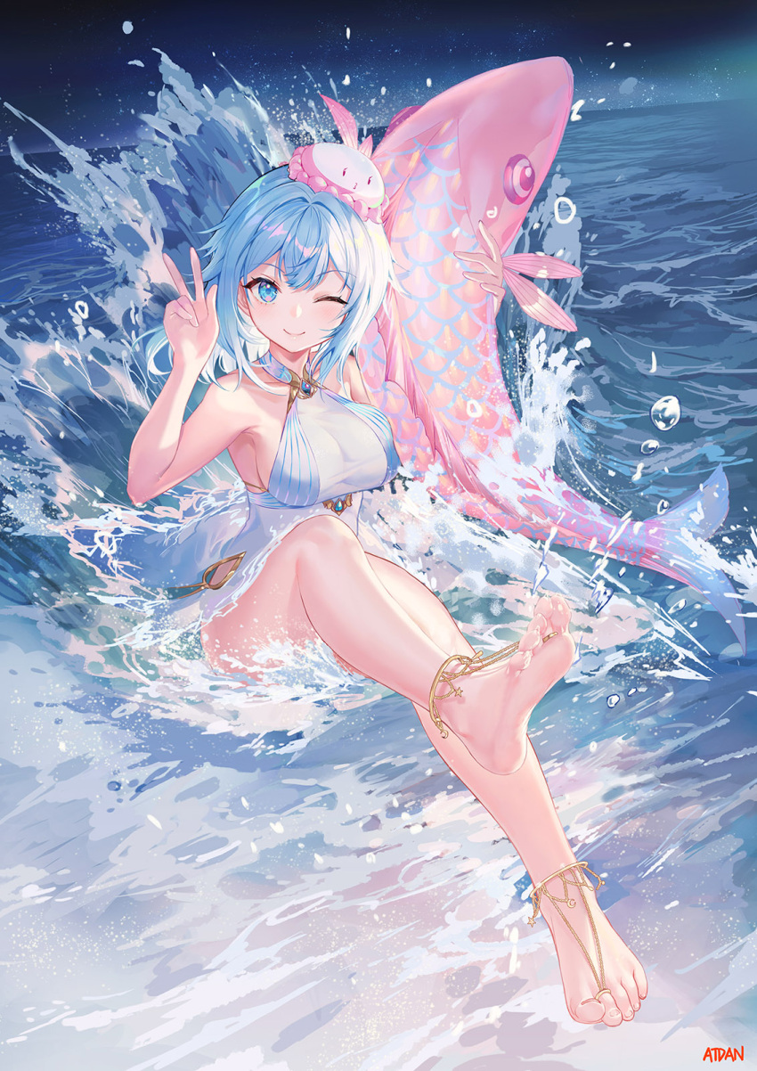 1girl anklet armpits atdan bare_arms bare_shoulders barefoot blue_eyes blue_hair breasts commentary dress english_commentary feet fish haiyi halter_dress halterneck hand_up hat highres jellyfish jewelry large_breasts long_hair looking_at_viewer one_eye_closed revision short_dress sleeveless sleeveless_dress smile solo synthesizer_v thighs v water white_dress