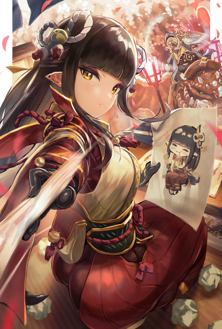 black_hair dango drawing food hair_ornament highres hime_cut hinoa inoki-08 japanese_clothes long_hair miko minoto monster_hunter_(series) monster_hunter_rise paint paper pointy_ears wagashi yellow_eyes