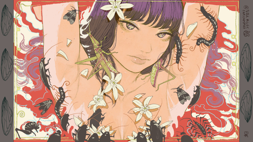 1girl armpits arms_up bangs black_hair bug catcar0983 centipede cockroach expressionless flower grasshopper hair_flower hair_ornament highres insect moth original solo white_flower