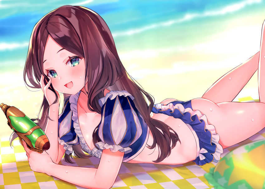 1girl absurdres ass bangs beach bikini blue_bikini blurry blurry_background breasts brown_hair checkered collarbone day depth_of_field fate/grand_order fate_(series) forehead green_eyes highres holding huge_filesize innertube legs_up leonardo_da_vinci_(fate) leonardo_da_vinci_(rider)_(fate) long_hair lying on_stomach open_mouth outdoors parted_bangs puff_and_slash_sleeves puffy_short_sleeves puffy_sleeves sand short_sleeves small_breasts smile solo star_(symbol) suzuho_hotaru swimsuit thighs very_long_hair water water_gun wet