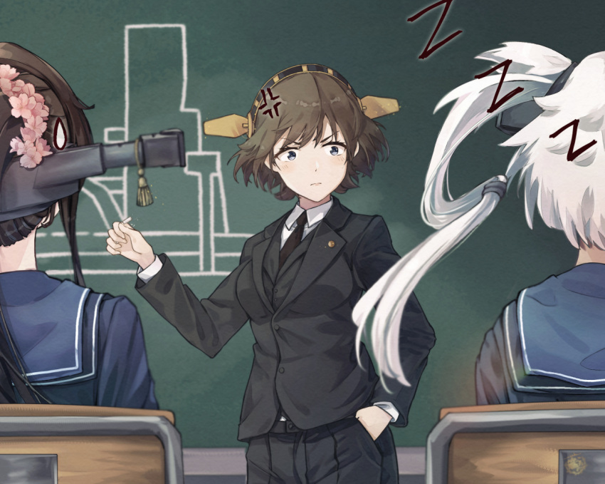 blue_eyes breasts brown_hair flower formal hair_flower hair_ornament hiei_(kancolle) himeyamato kantai_collection long_hair musashi_(kancolle) pointy_hair ponytail sailor_collar sailor_shirt shirt short_hair suit very_long_hair yamato_(kancolle)