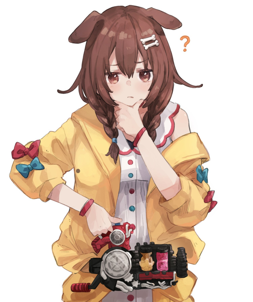 1girl ? animal_ears bangs blue_bow bone_hair_ornament bow braid brown_eyes brown_hair build_driver buttons cartoon_bone commentary_request dog_ears dog_girl dress eyebrows_visible_through_hair fullbottle hair_between_eyes hair_ornament hairclip hand_on_own_cheek hand_on_own_face hazard_trigger highres hololive inugami_korone jacket kamen_rider kamen_rider_build_(series) kase_(kurimuzone_oruta) low_twin_braids off_shoulder red_bow rider_belt simple_background twin_braids virtual_youtuber white_background white_dress yellow_jacket