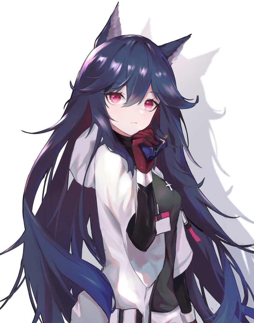 1girl absurdres alternate_eye_color animal_ears arknights black_hair black_shirt gloves highres holding_cigarette_box jacket long_hair looking_at_viewer open_clothes open_jacket pink_eyes red_gloves shadow shirt simple_background solo texas_(arknights) texas_(winter_messenger)_(arknights) upper_body very_long_hair white_background white_jacket wolf_ears yiyizi