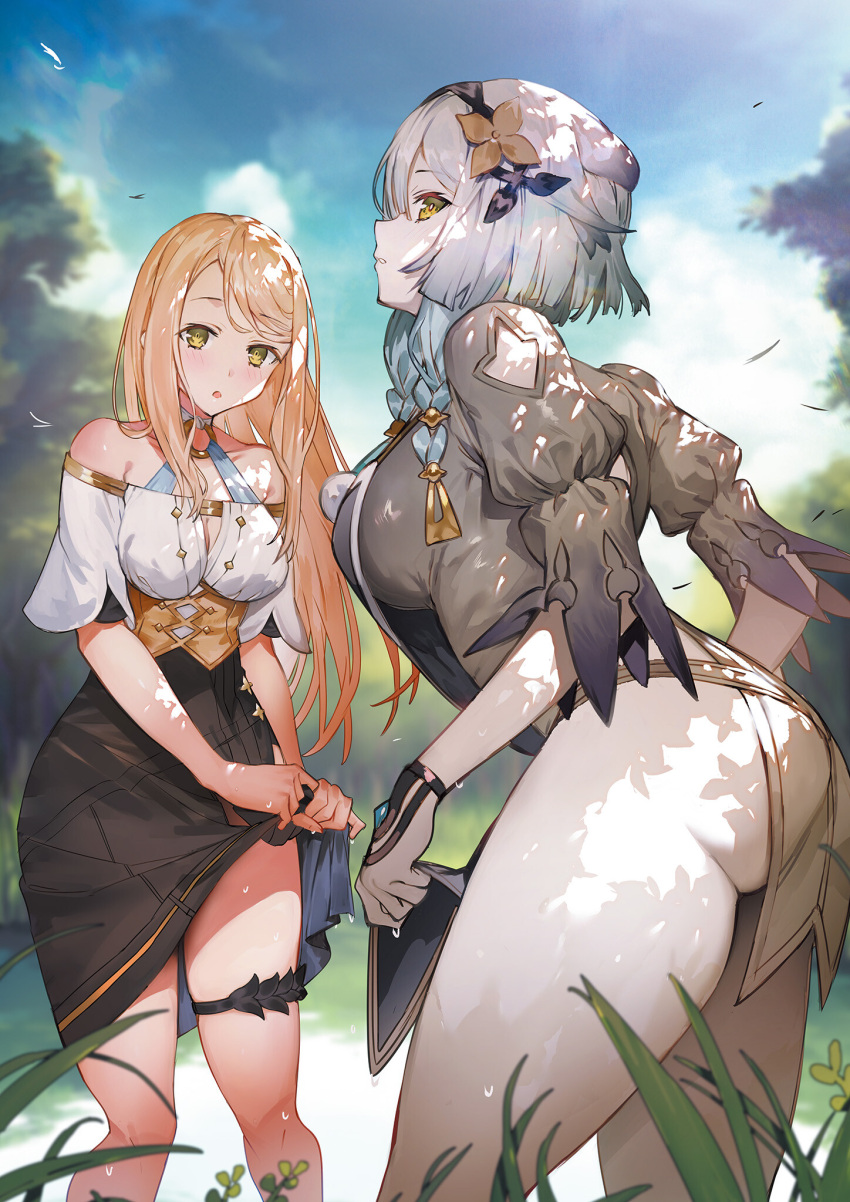 2girls ass atelier_(series) atelier_ryza atelier_ryza_2 bare_shoulders black_skirt blonde_hair blue_sky blurry blurry_background breasts clouds cloudy_sky day highres klaudia_valentz large_breasts long_hair looking_at_viewer multiple_girls official_art outdoors pale_skin serri_glaus skirt sky toridamono
