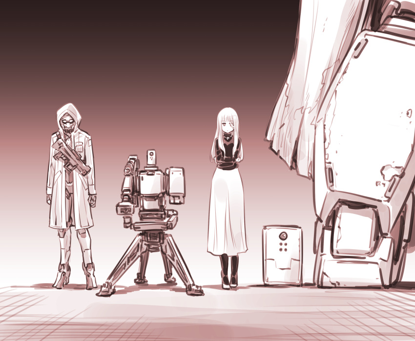 1girl 3others coat commentary dress gun highres hooded_coat humanoid_robot ishiyumi long_dress mechanical_buddy_universe monochrome multiple_others overcoat rifle robot science_fiction sepia shoes sniper_rifle submachine_gun title_page weapon