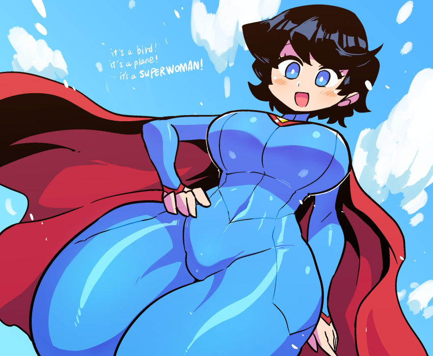 1girl :d black_hair blue_bodysuit blue_eyes blue_sky blush bodysuit breasts bright_pupils cape commentary_request dc_comics floating genderswap genderswap_(mtf) hand_on_hip highres large_breasts looking_down open_mouth rariatto_(ganguri) red_cape skin_tight sky smile solo superhero superman_(series) superwoman thick_thighs thighs white_pupils