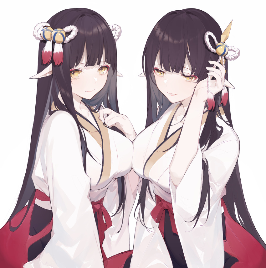 2girls :d absurdres asymmetrical_docking bangs black_hair blunt_bangs breast_press breasts closed_mouth collarbone covered_navel eyeshadow hair_ribbon hand_on_own_chest highres hinoa japanese_clothes kimono large_breasts long_hair looking_at_viewer makeup minoto miyuki_(miyuki0529) monster_hunter_(series) monster_hunter_rise multiple_girls open_mouth pointy_ears red_ribbon ribbon siblings simple_background sisters smile twins upper_body very_long_hair white_background white_kimono white_ribbon yellow_eyes