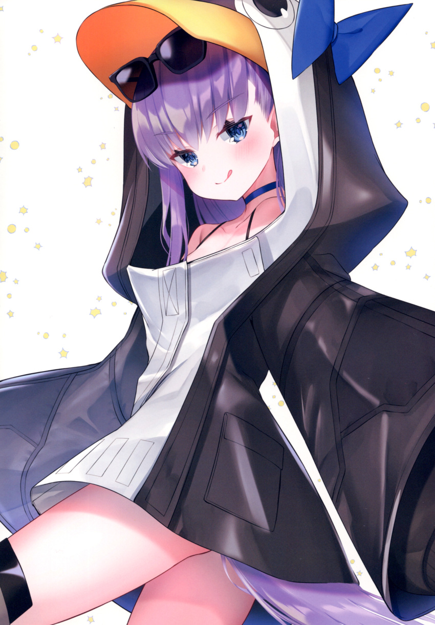 1girl absurdres animal_hood blue_eyes fate/grand_order fate_(series) highres hood licking_lips long_hair meltryllis_(fate) meltryllis_(swimsuit_lancer)_(fate) penguin_hood purple_hair sitting sleeves_past_fingers sleeves_past_wrists smile suzuho_hotaru tongue tongue_out very_long_hair white_background