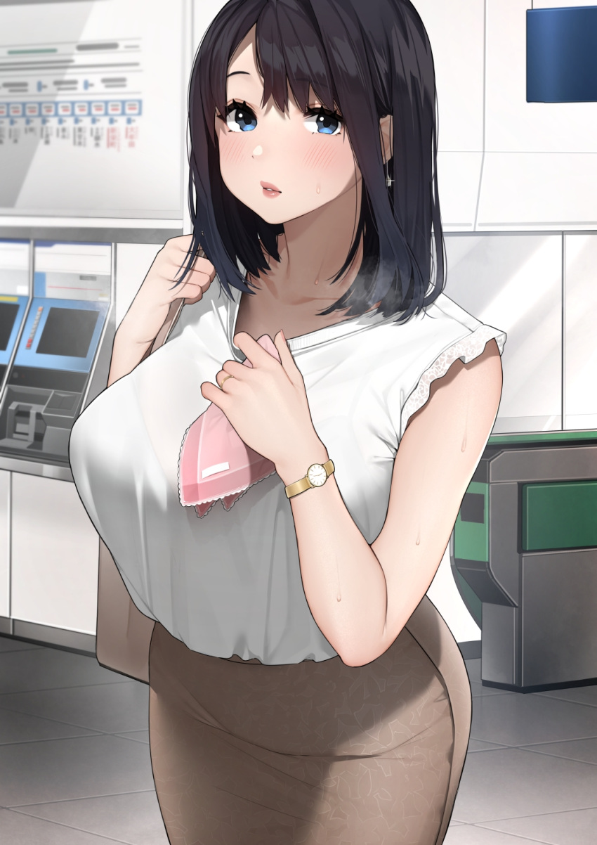 1girl bag bangs black_hair blue_eyes breasts collarbone earrings eyebrows_visible_through_hair hands_up highres jewelry large_breasts lips looking_at_viewer mature_female medium_hair original parted_lips sakura_no_tomoru_hi_e shirt shirt_tucked_in shoulder_bag skirt sleeveless solo train_station watch watch white_shirt