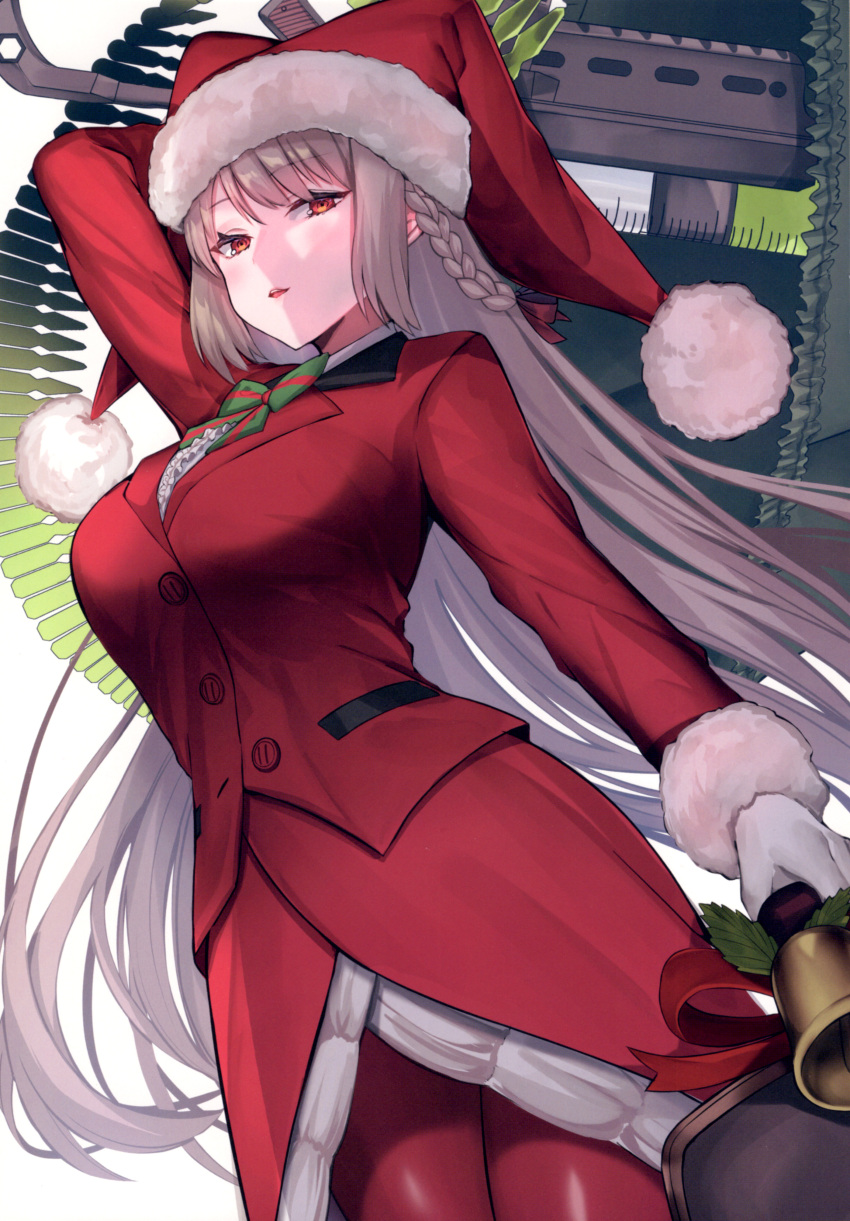 1girl absurdres adjusting_clothes adjusting_headwear bow braid breasts buttons christmas closed_mouth dress eyebrows_visible_through_hair fate/grand_order fate_(series) florence_nightingale_(fate) florence_nightingale_(santa)_(fate) gloves green_bow grey_hair hair_between_eyes hat highres long_hair looking_at_viewer medium_breasts multicolored_bow pantyhose red_bow red_dress red_eyes santa_costume santa_hat shirt simple_background smile solo suzuho_hotaru very_long_hair white_gloves white_shirt