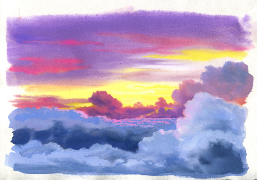 above_clouds border cloud_focus clouds highres no_humans original purple_sky sawitou_mizuki scenery sunset traditional_media white_border