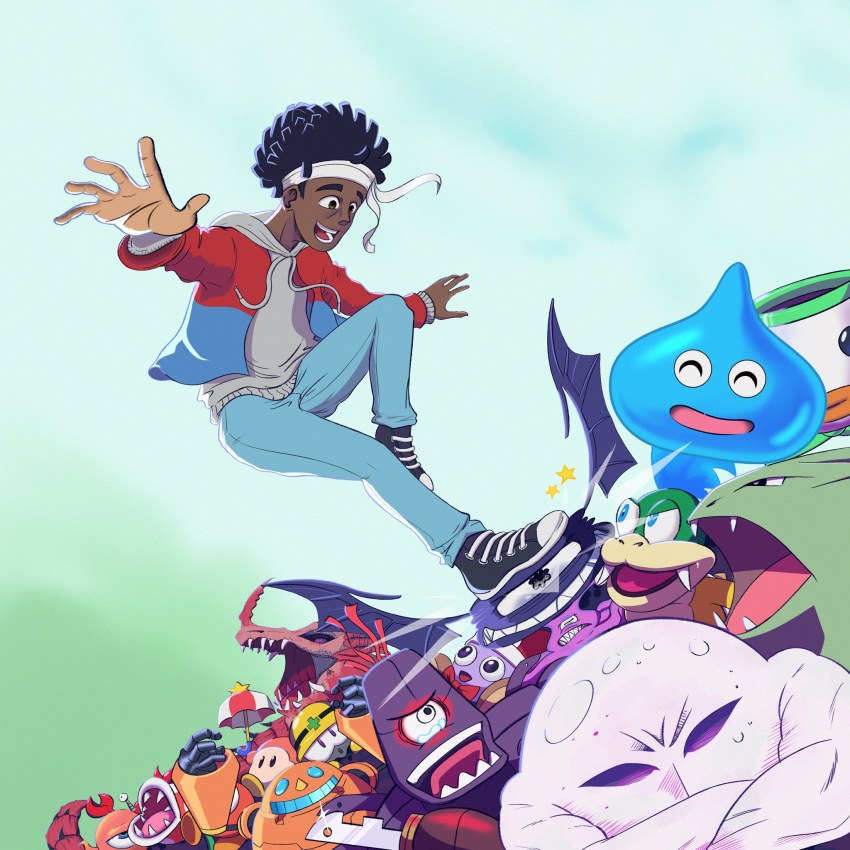 1boy afro album_cover artist_self-insert black_footwear black_hair blue_jacket brown_eyes character_request cover crossed_arms crossover crying crying_with_eyes_open daisothefourth dark_skin dark_skinned_male denim dragon dragon_quest gen_2_pokemon grey_sweater headband highres jacket jeans junior_clown_car kirby_(series) larry_koopa super_mario_bros. marx mega_man_(series) one-eyed open_hands open_mouth pants parody piranha_plant pokemon pokemon_(game) rayman rayman_origins red_jacket slime_(dragon_quest) smile solo_focus sweater tears two-tone_jacket tyranitar umbrella waddle_dee white_headband