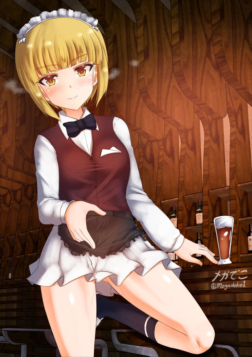 1girl aquaegg ass_visible_through_thighs bartender black_neckwear blonde_hair blush bow bowtie breasts closed_mouth cutlass_(girls_und_panzer) eyebrows_visible_through_hair girls_und_panzer highres indoors looking_at_viewer maid_headdress microskirt pleated_skirt shiny shiny_hair short_hair skirt small_breasts smile socks solo white_skirt yellow_eyes