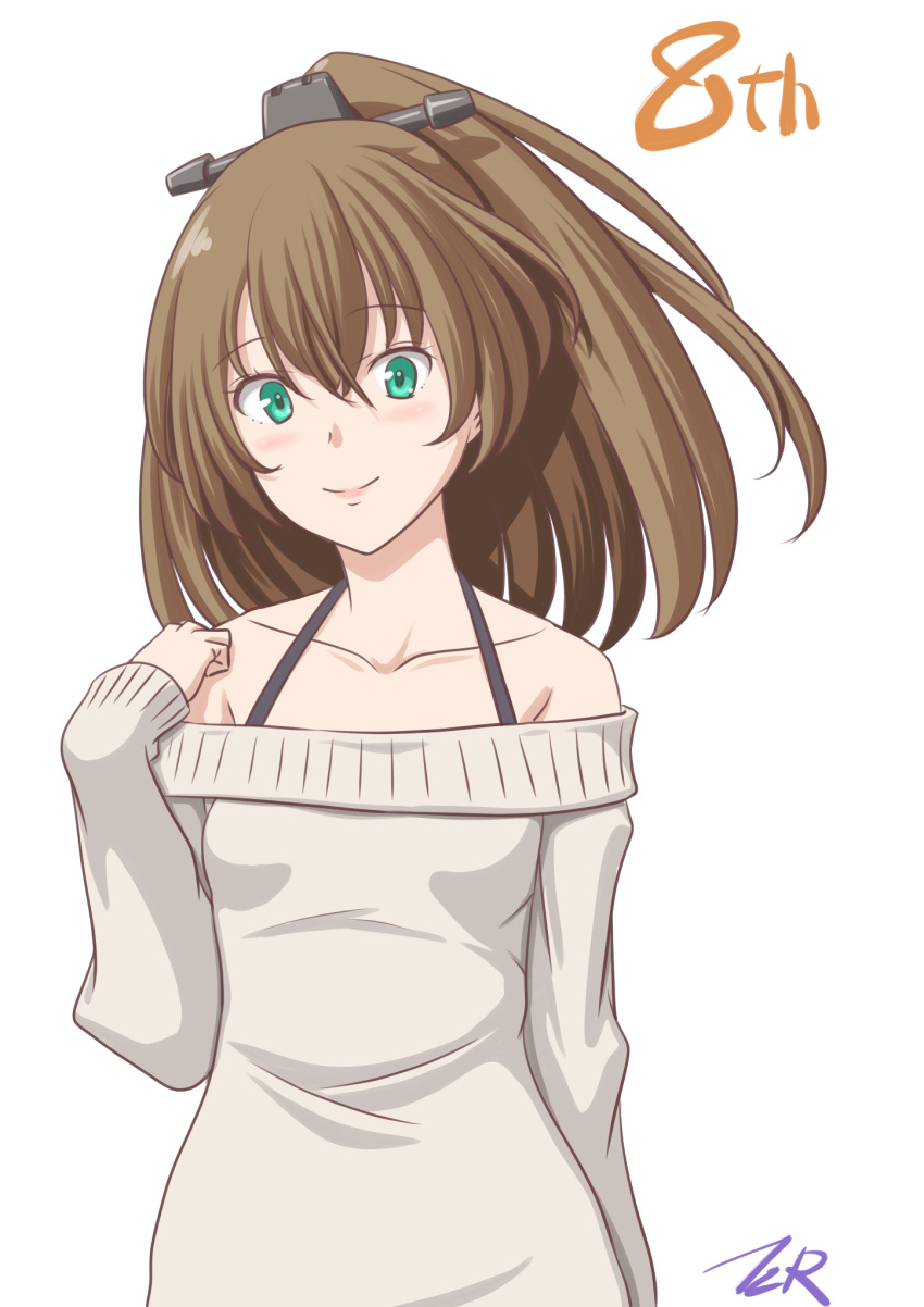 1girl alternate_costume brown_hair collarbone commentary_request green_eyes hair_ornament highres kantai_collection kumano_(kancolle) long_hair looking_at_viewer off-shoulder_sweater off_shoulder ponytail simple_background solo sweater t2r upper_body white_background