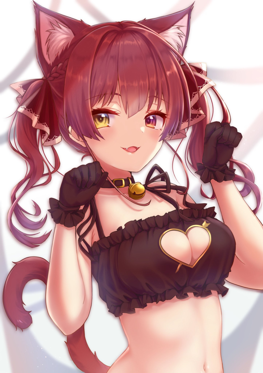 1girl animal_ears bangs blush breasts cat_cutout cat_ears cat_lingerie cleavage_cutout clothing_cutout heterochromia highres hololive houshou_marine long_hair looking_at_viewer meme_attire mihanada_kanata navel paw_pose red_eyes redhead ribbon smile solo twintails underwear virtual_youtuber yellow_eyes